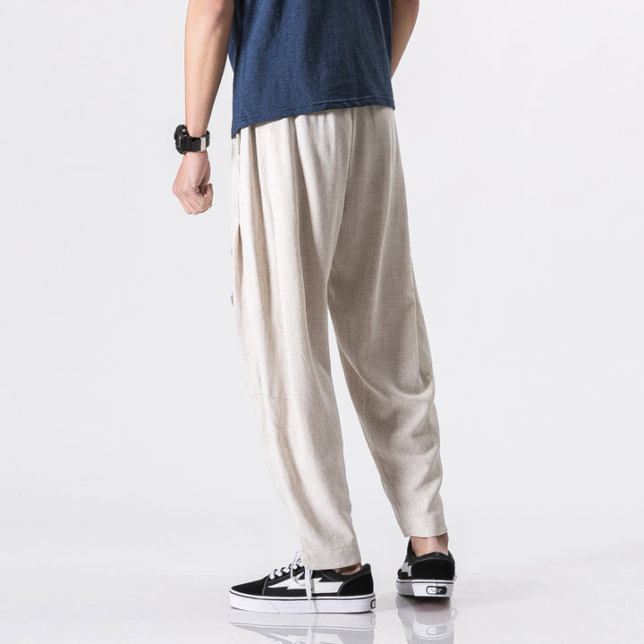 Herren nan entspannte Leinen-Baumwoll Harem-Joggerhose mit verdecktem Tunnelzug und tapered Bein Drune