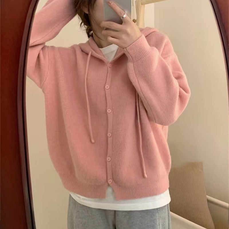 Damen kuschelige Strickjacke mit Kapuze und Knopfverschluss Drune