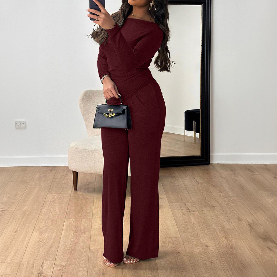 Damen Elegantes Langarm-Overall mit Wickel-Optik und weitem Bein Drune