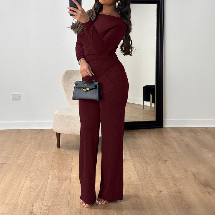 Damen Elegantes Langarm-Overall mit Wickel-Optik und weitem Bein Drune