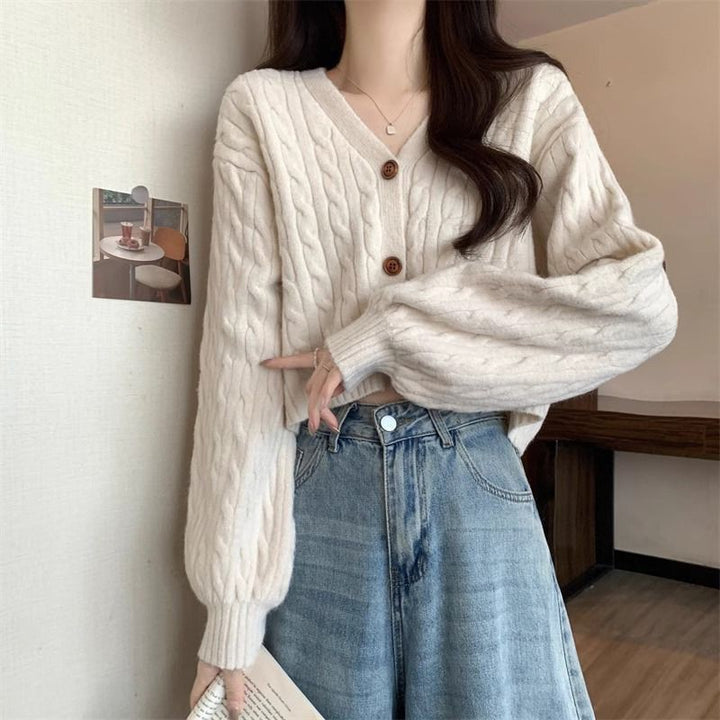 Damen kuscheliger Strickcardigan mit V-Ausschnitt und großen Knöpfen Drune