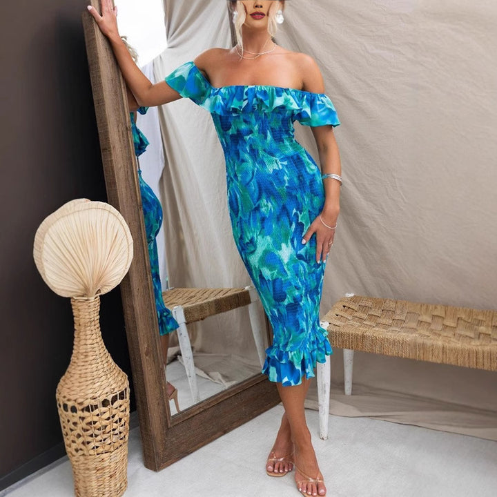 Damen Off-Shoulder Kleid mit Rüschen und figurbetonter Passform Drune