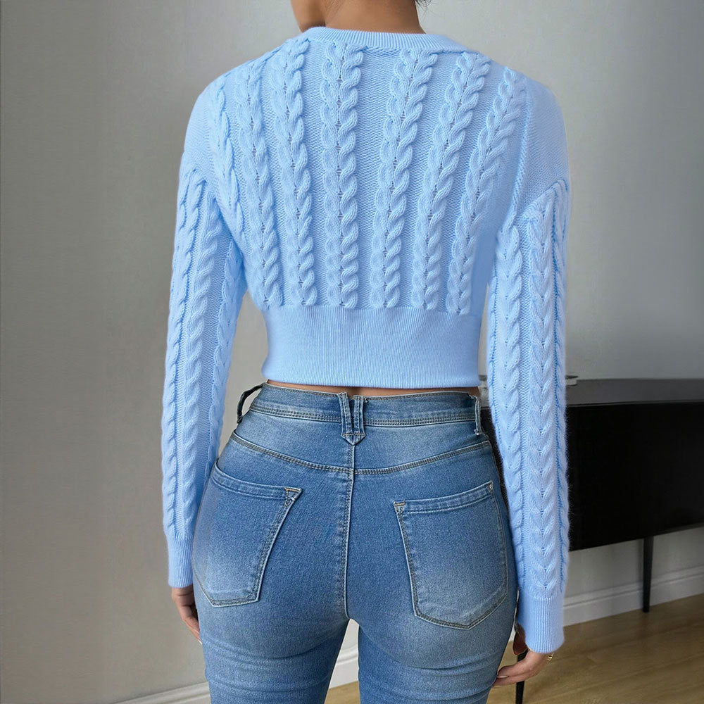 Damen kurz geschnittenes Strickoberteil mit Zopf-Muster und langen Ärmeln Drune