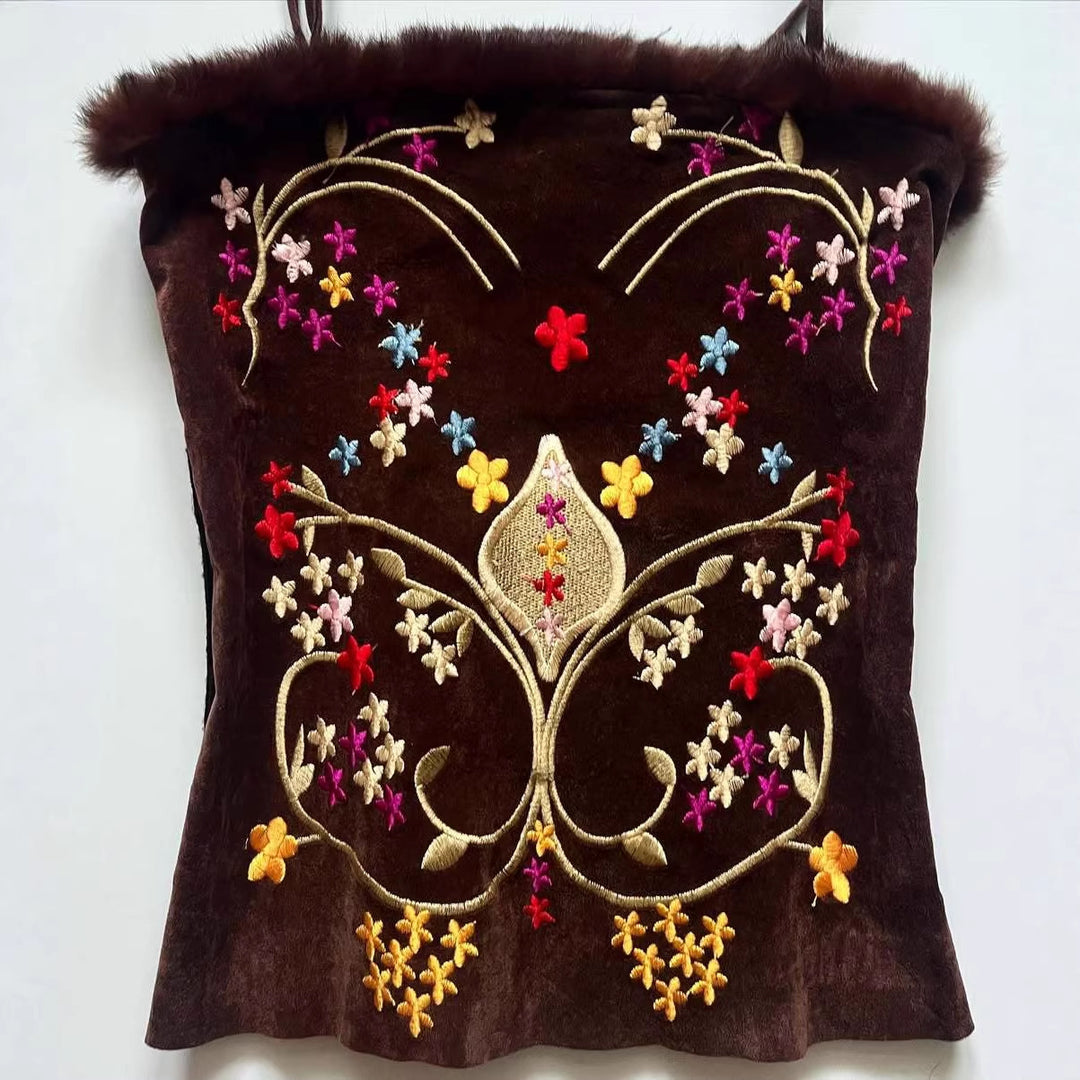 Damen Samt-Blusentop mit floralen Stickereien Drune