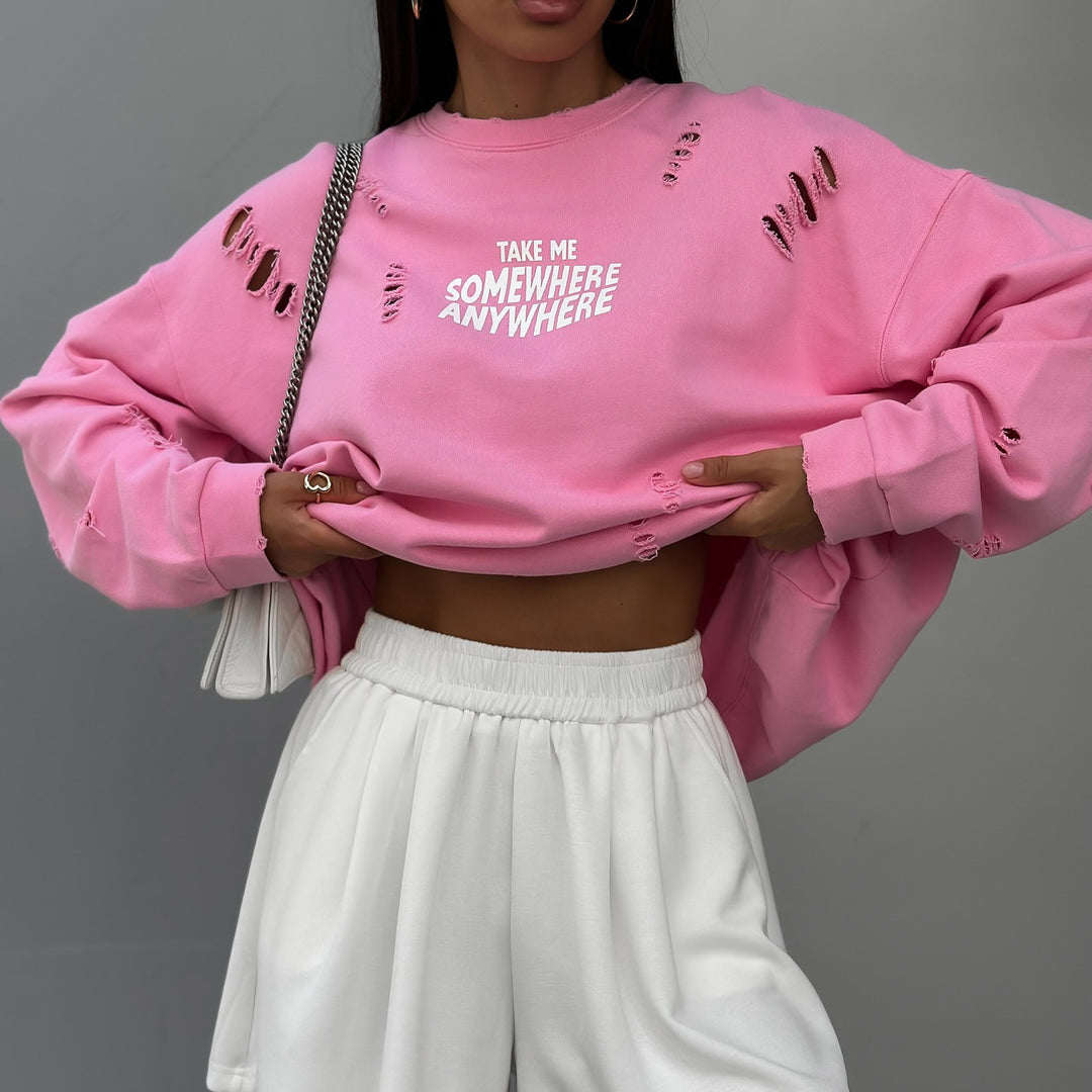 Damen lässiger Oversized Pullover mit stylischen Riss-Details Drune