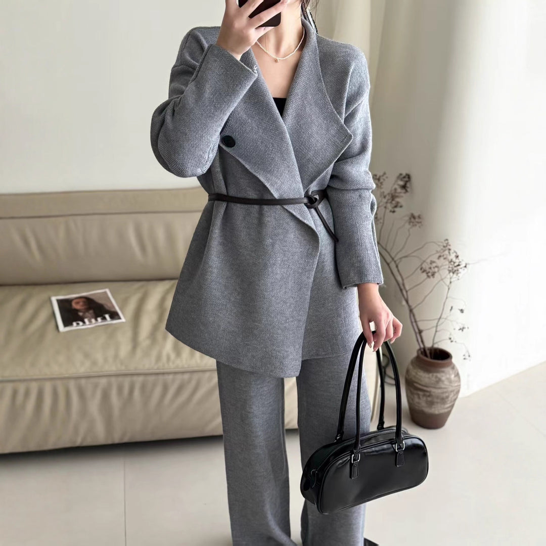 Damen Eleganter Blazer mit tailliertem Gürtel und feiner Textur Drune