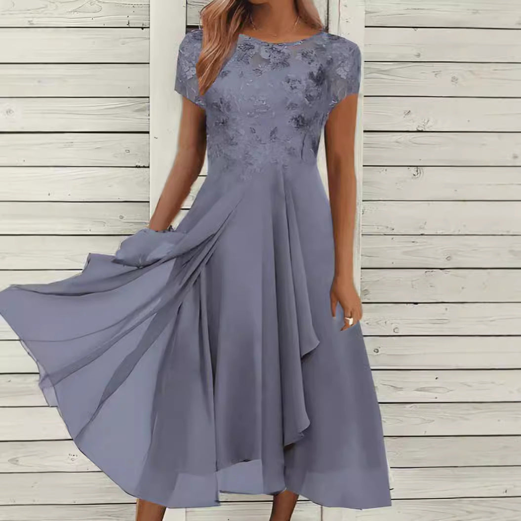 Damen nan fließendes Chiffon-Midikleid mit blumenbesticktem Oberteil und asymmetrischem Stufenrock Drune