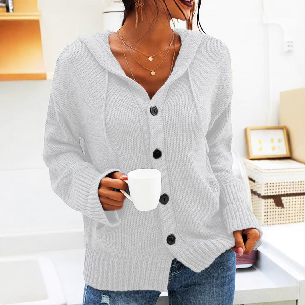 Damen Grobstrick-Cardigan mit Kapuze und Knopfdetails Drune