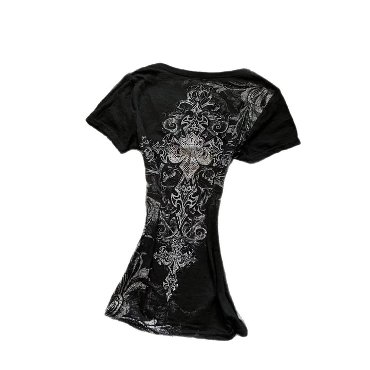 Damen Elegantes V-Ausschnitt T-Shirt mit kunstvollem Design Drune