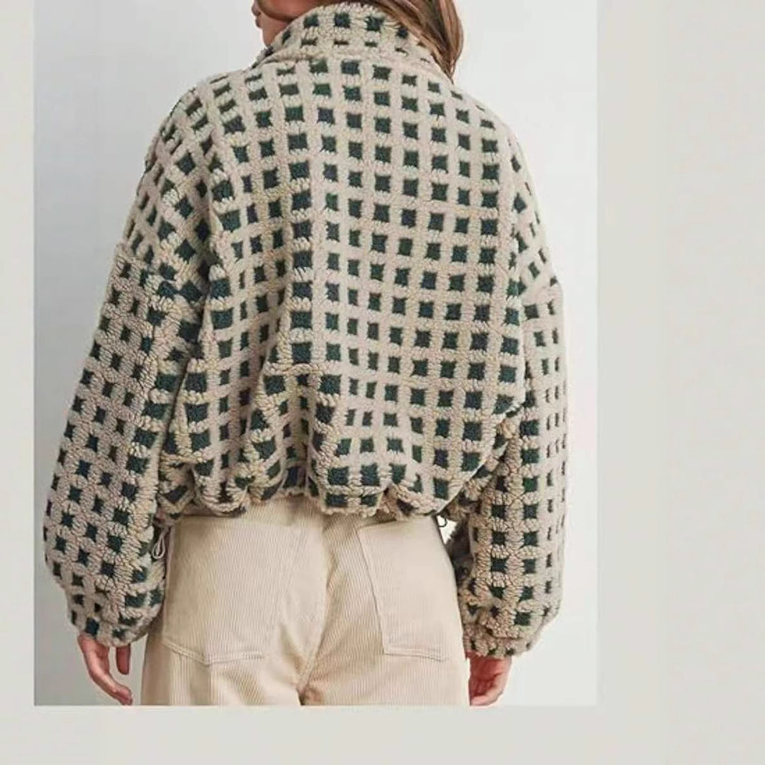 Damen kuschelige Fleecejacke im modernen Karodesign Drune