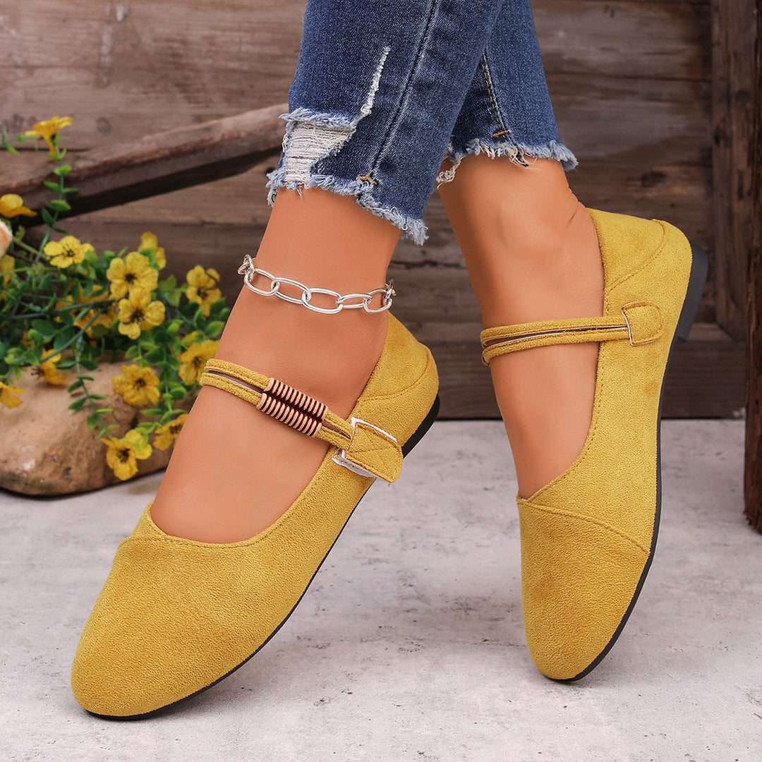 Damen nan flache Mary-Jane Ballerinas aus Veloursimitat mit elastischem Zierband und gepolsterter Komfortinnensohle Drune