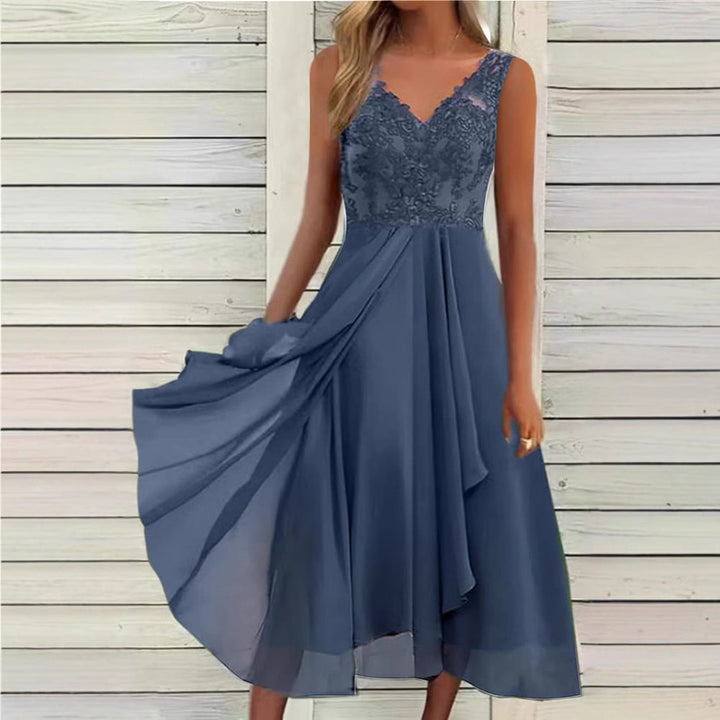 Damen nan elegantes Abend-Midikleid mit bestickter Spitzen-Büste, taillierter Drapierung und fließendem Lagenrock Drune