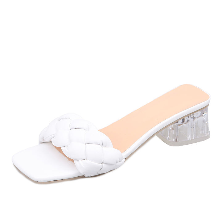 Damen Mules mit geflochtenem Riemen und transparentem Blockabsatz Drune