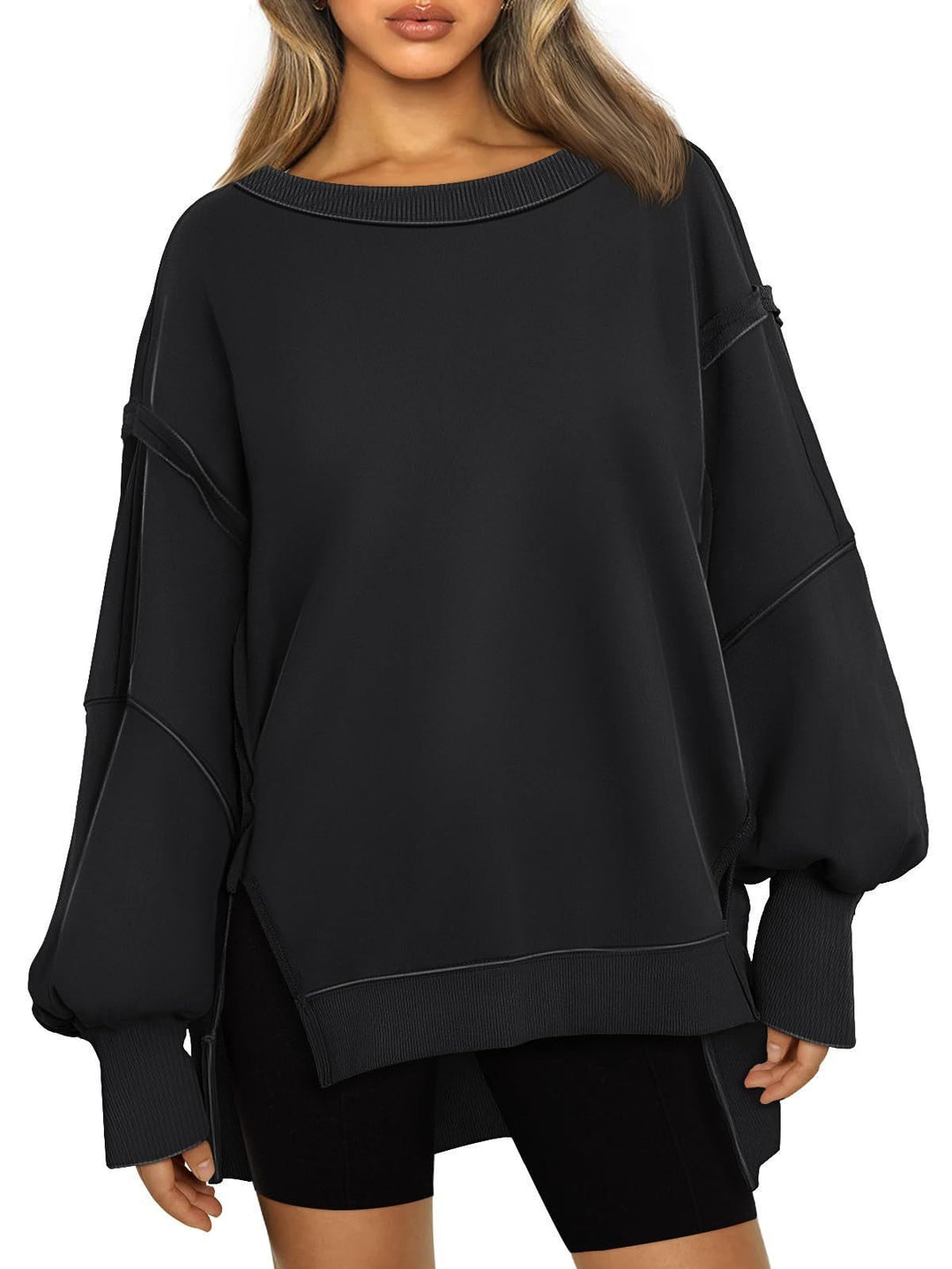 Damen Lässiger Oversize-Sweatshirt mit weitem Kragen und Seitenöffnungen Drune