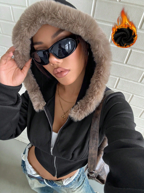 Damen cropped Hoodie mit luxuriösem Fellbesatz Drune