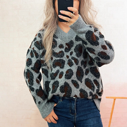 Damen lässiger Strickpullover mit animalischem Muster Drune