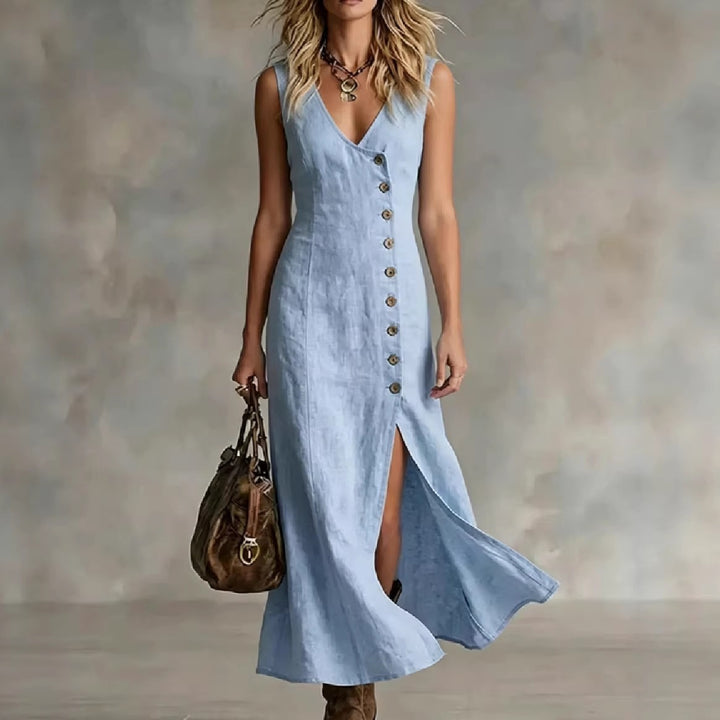 Damen Maxikleid mit elegantem V-Ausschnitt und seitlichem Schlitz Drune