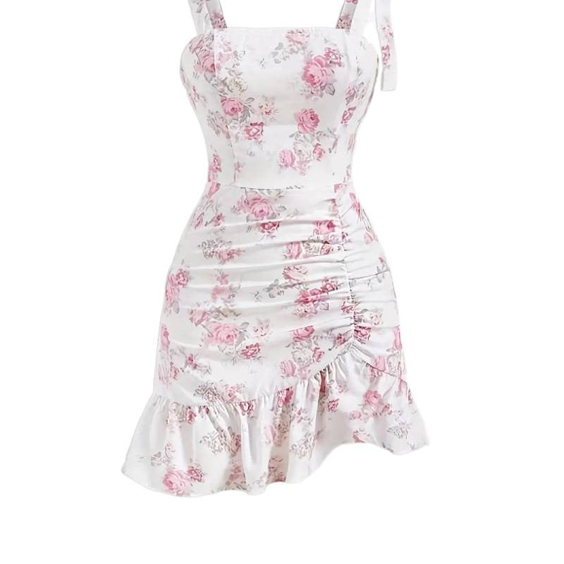 Damen Spaghettiträger Mini-Kleid mit floralem Design und Rüschensaum Drune