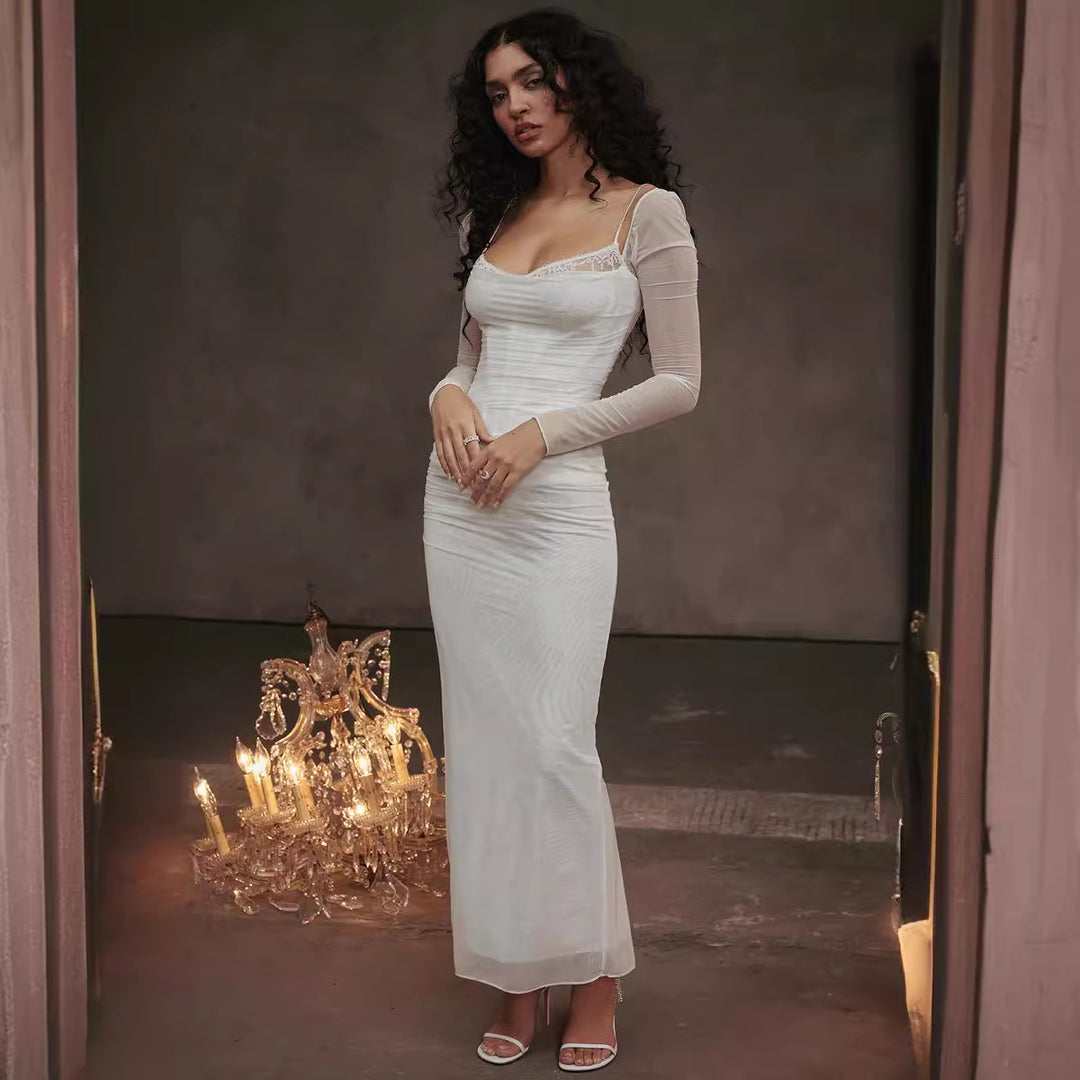 Damen Elegantes Maxikleid mit transparenten Ärmeln Drune