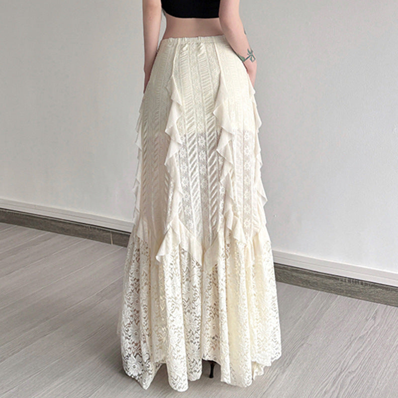 Damen eleganter Maxirock mit raffinierten Rüschen und Spitzenakzenten Drune