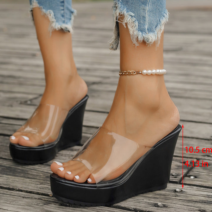 Damen nan transparente Mules mit PVC-Deckriemen, hohem Keilabsatz und rutschfester Laufsohle Drune