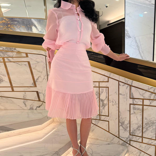 Damen Blusenkleid mit transparenten Ärmeln und Plissee-Rock Drune