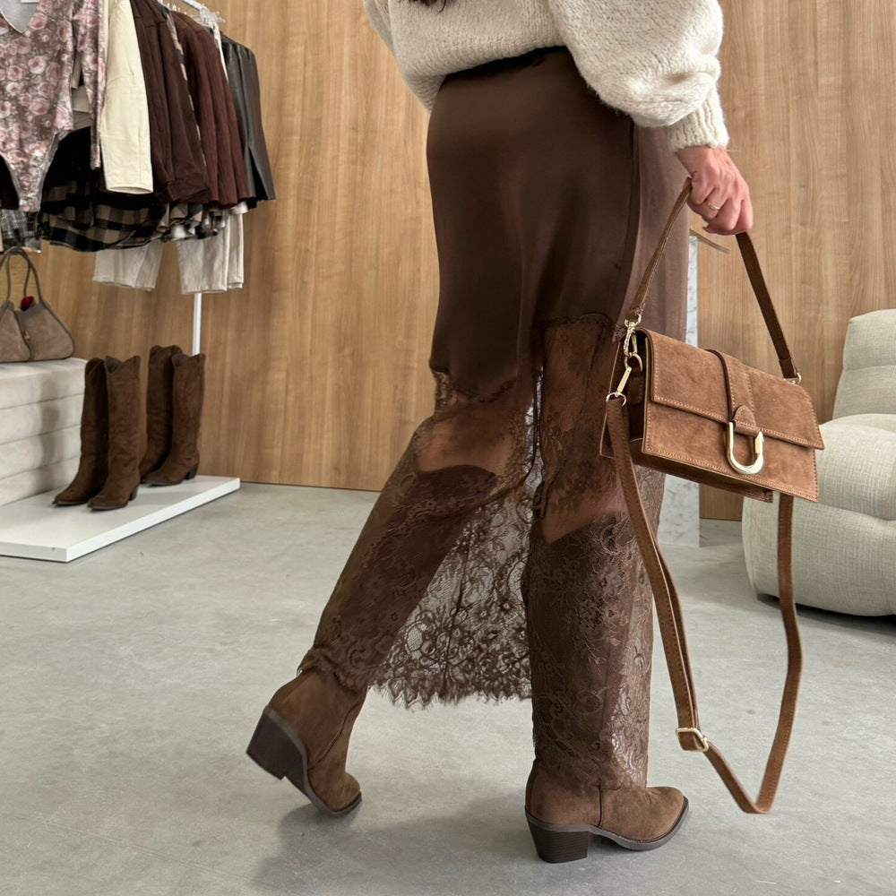 Damen asymmetrischer Spitzenrock mit Satinfutter Drune
