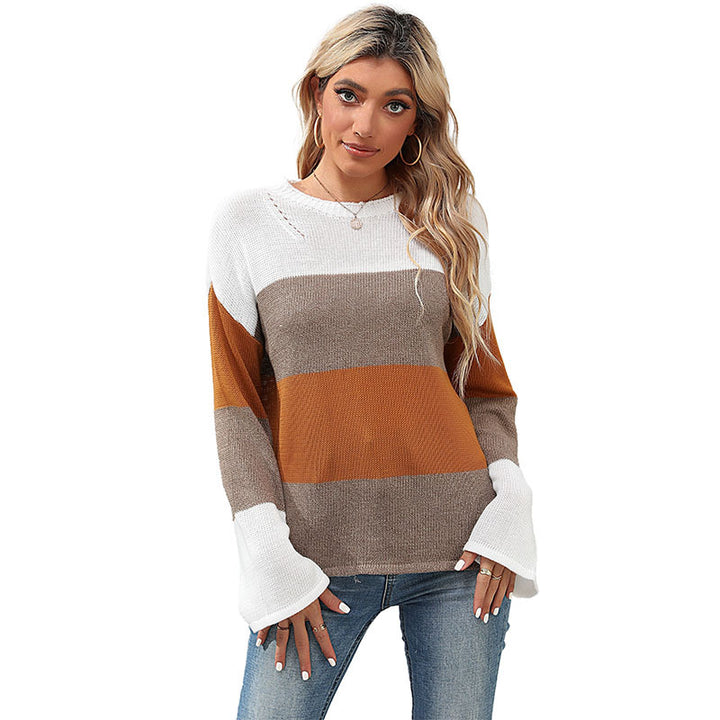Damen lässiger Strickpullover mit kreativem Blockstreifenmuster Drune