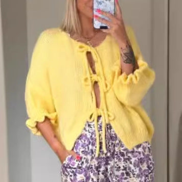 Damen trendiger Strickcardigan mit Raffungen und Bindebändern Drune