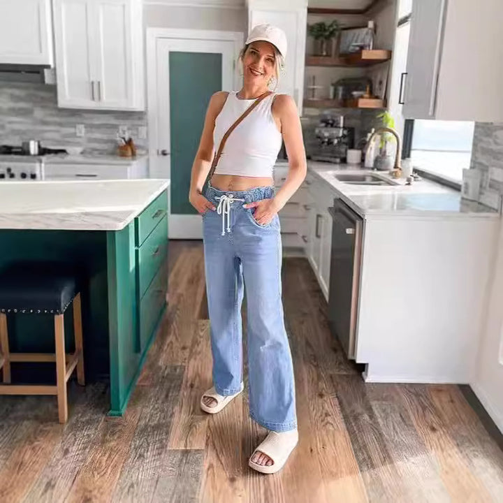Damen nan hochgeschnittene Weitbein-Jeans mit Kordelbund und lässiger Culotte-Silhouette Drune