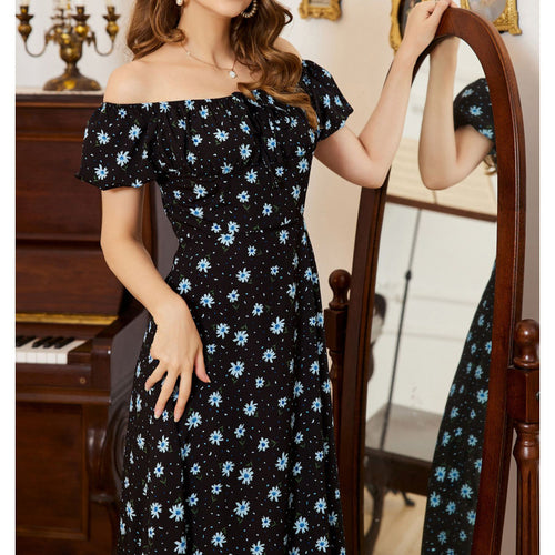 Damen Maxikleid mit voluminösen Rüschenärmeln und floralem Design Drune