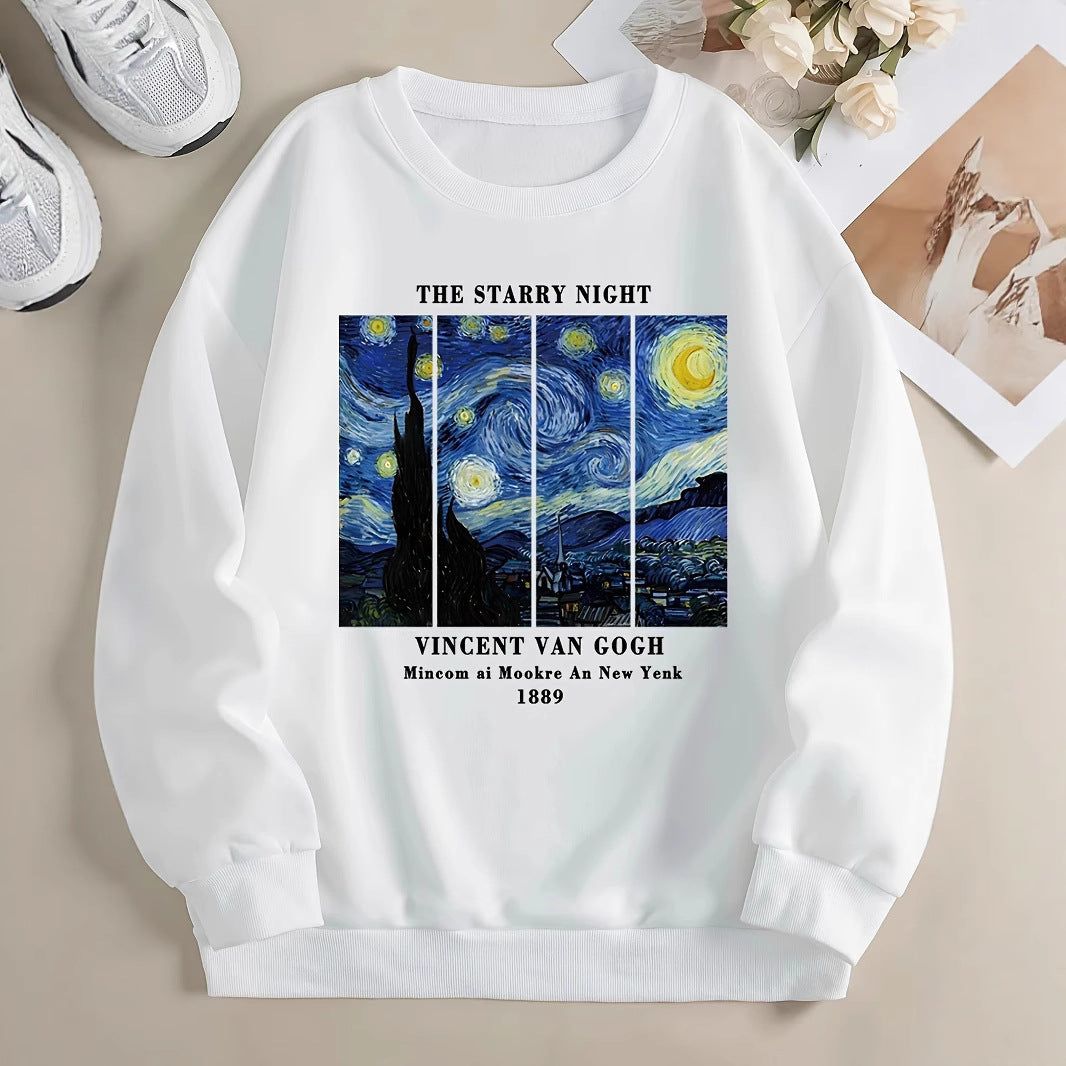 Damen Sweatshirt mit künstlerischem Van Gogh Motiv und modernem Druck Drune