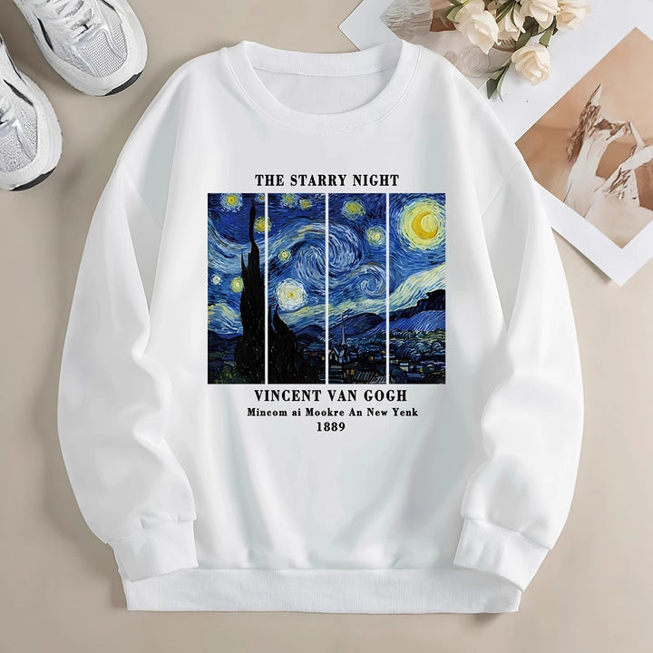 Damen Sweatshirt mit künstlerischem Van Gogh Motiv und modernem Druck Drune