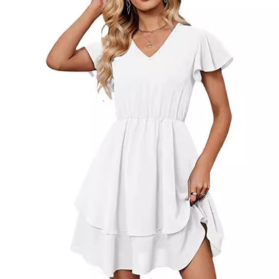 Damen Freizeitkleid mit fließendem Rock und Rüschenärmeln Drune