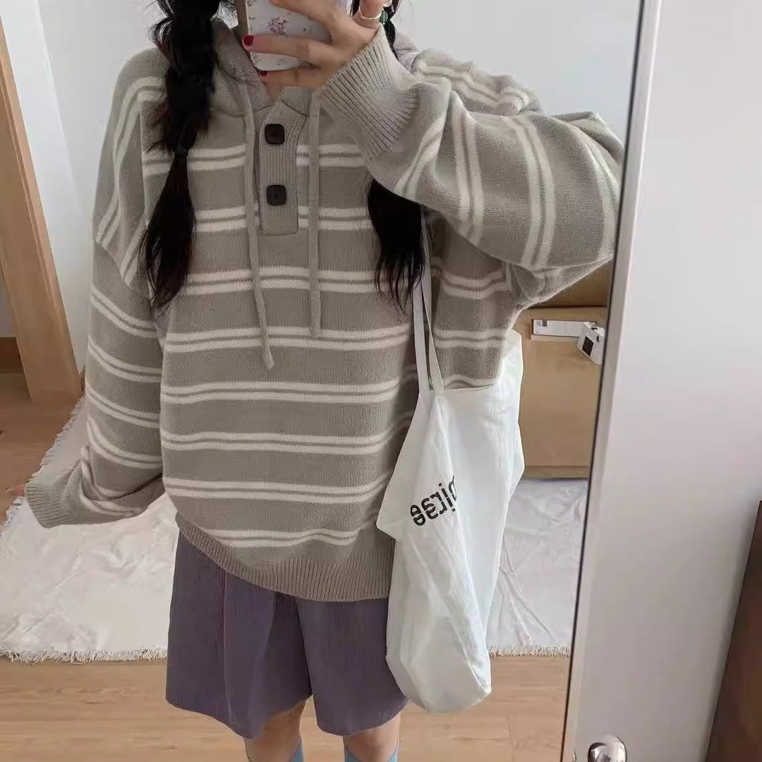 Damen lässiger Streifenpullover mit Knopfleiste und Kapuze Drune