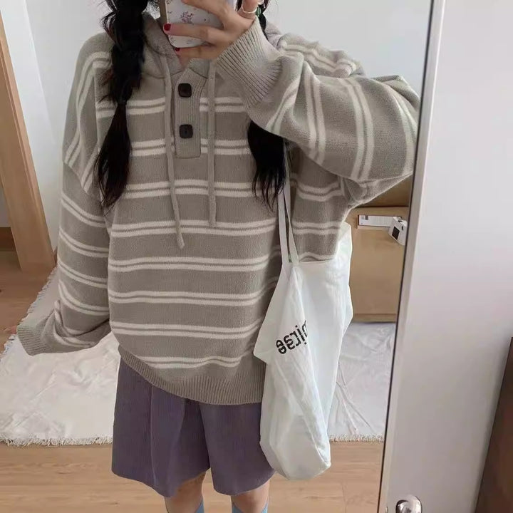 Damen lässiger Streifenpullover mit Knopfleiste und Kapuze Drune