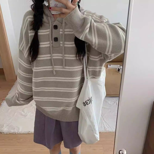 Damen lässiger Streifenpullover mit Knopfleiste und Kapuze Drune