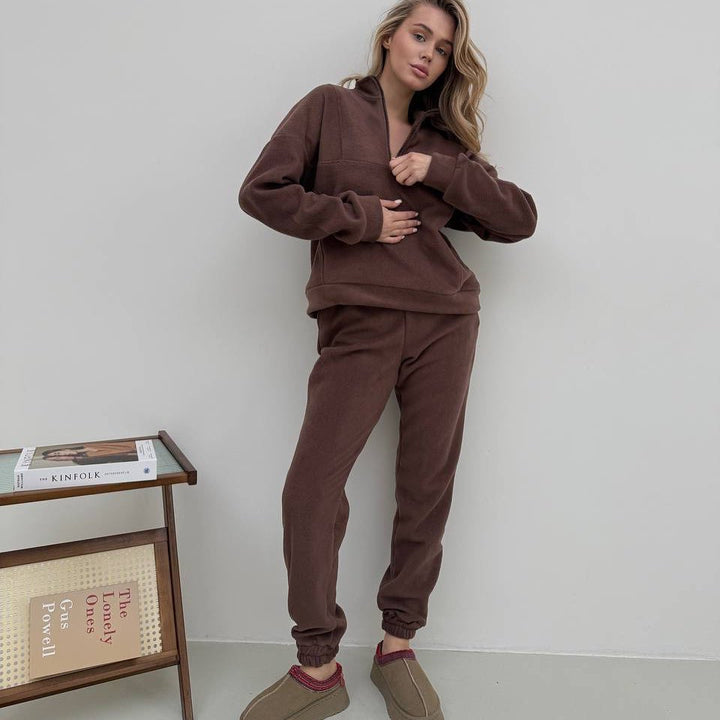 Damen kuscheliges Fleece-Loungewear-Set mit halblangem Reißverschluss und elastischen Bündchen Drune
