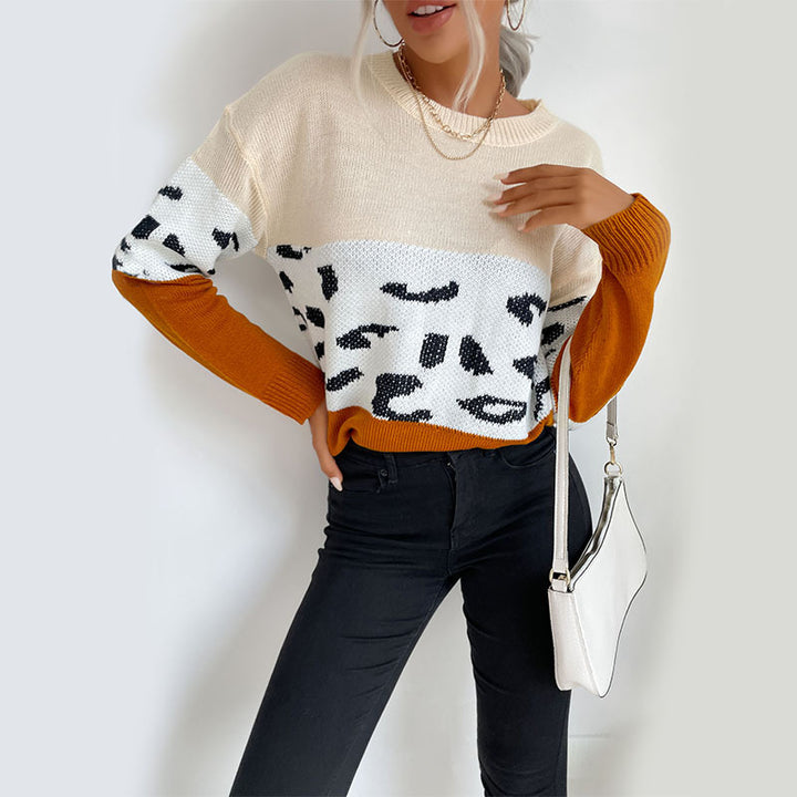 Damen lässiger Strickpullover mit modischem Farbblock-Design und animalischen Akzenten Drune