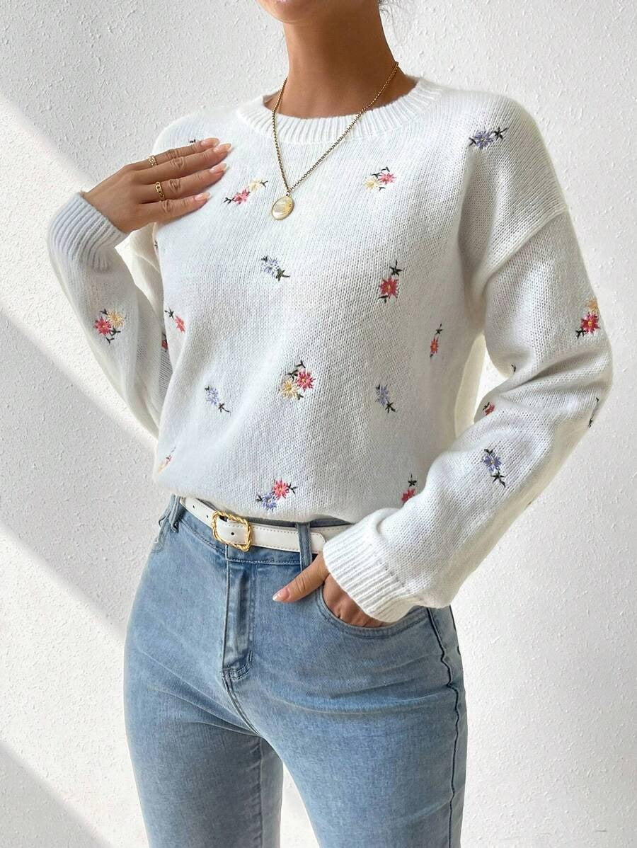 Damen Feinstrickpullover mit floralem Stickdesign und Rundhalsausschnitt Drune