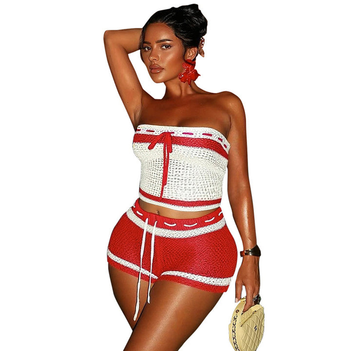 Damen Knitted Bandeau Set mit Shorts und verstellbarem Kordelzug Drune