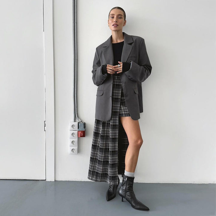 Damen Blazer-Rock-Kombination mit asymmetrischem Schnitt und grafischem Karomuster Drune
