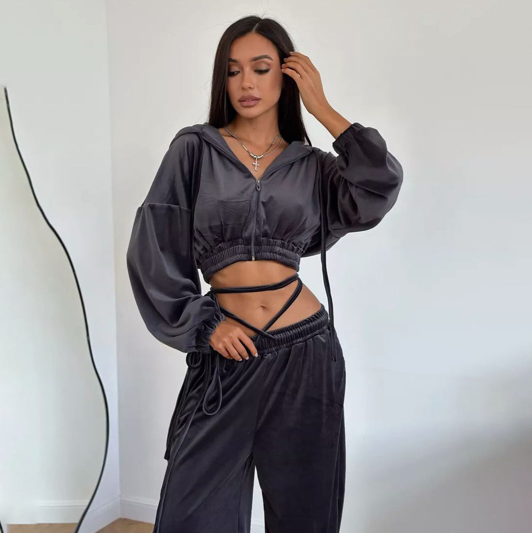 Damen Lässiges Sportanzug-Set mit Kapuzenoberteil und weitem Hosenstil Drune