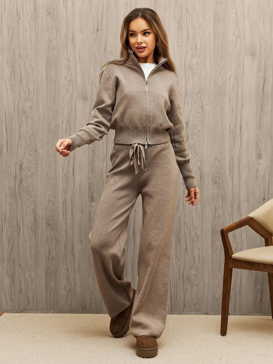 Damen lässiges Strick-Loungewear-Set mit Kapuze und elastischem Bund Drune