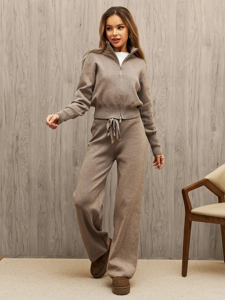 Damen nan gestricktes Loungewear-Zweiteiler mit kurzem Reißverschluss-Cardigan und weitem Highwaist-Hosenbein Drune