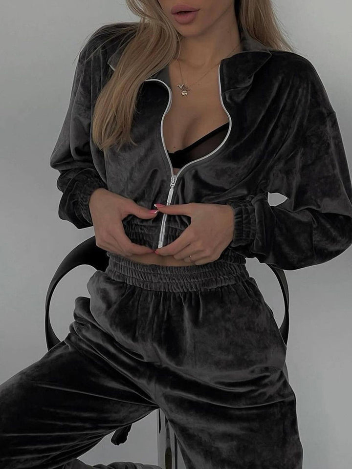 Damen nan Cropped Velours-Joggingset mit halbem Reißverschluss, gerafftem Komfortbund und breiten Bündchen Drune