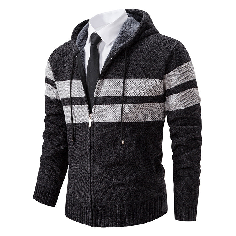 Herren nan gestrickte Kapuzenjacke mit Teddyfutter, verdecktem Reißverschluss und kontrastreifen Drune