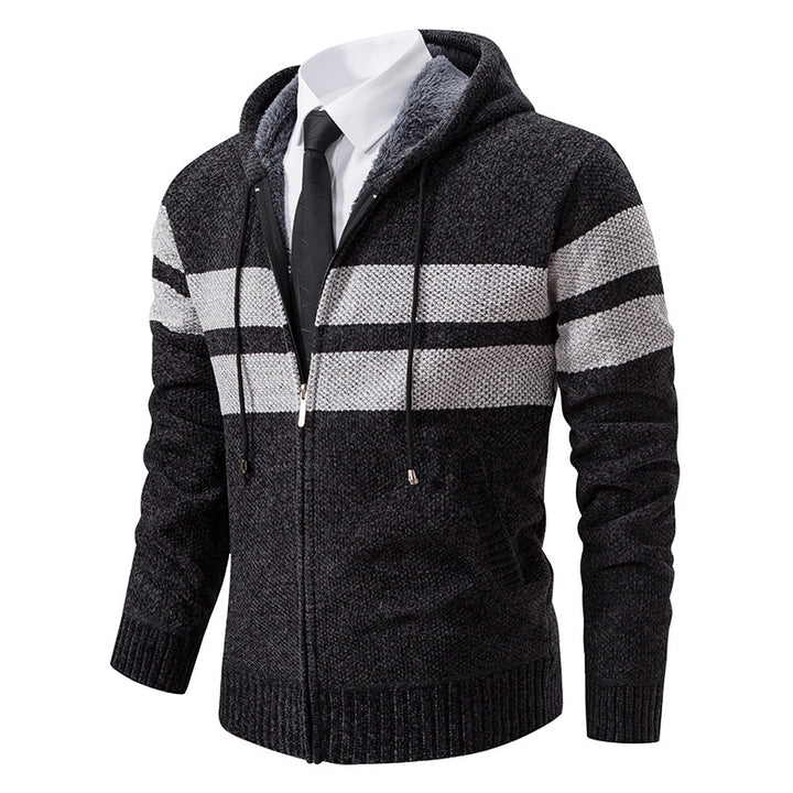 Herren nan gestrickte Kapuzenjacke mit Teddyfutter, verdecktem Reißverschluss und kontrastreifen Drune