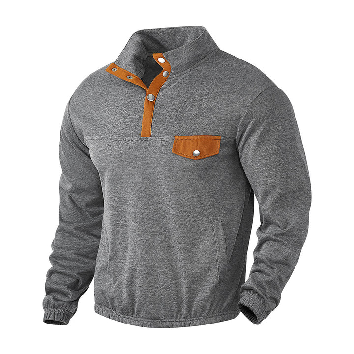 Herren nan Stehkragen-Henley-Sweatshirt mit Druckknopfleiste und aufgesetzter Brusttasche Drune