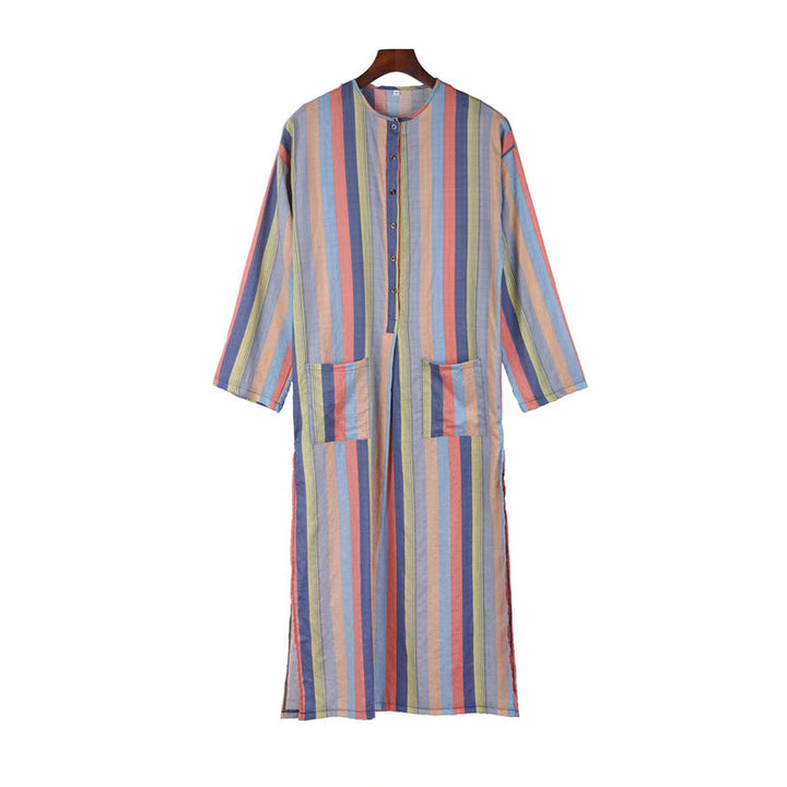 Herren nan bodenlanger gestreifter Leinenmix Kaftan mit Stehkragen und aufgesetzten Hüfttaschen Drune